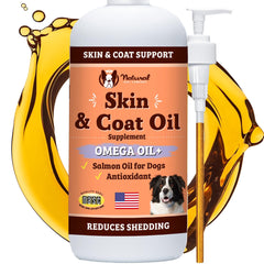 Natural Dog Company Aceite para piel y pelaje, botella con dispensador para dosificar fácilmente.