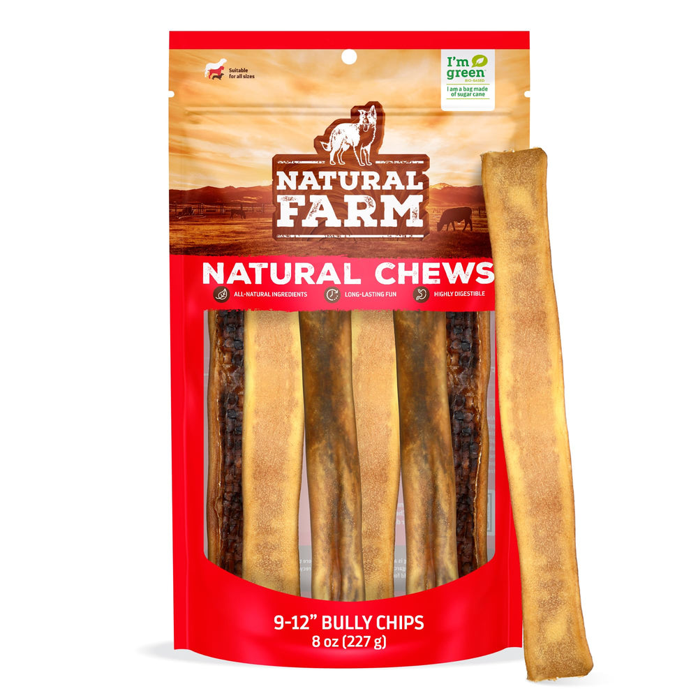 Natural Farm Bully Chips en empaque frontal, premio duradero para perros