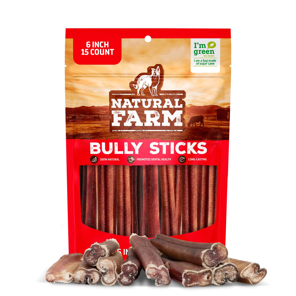 Natural Farm Bully Sticks en empaque de 6 pulgadas, ideal para entrenamiento.