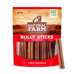 Natural Farm Bully Sticks sin olor de 4 pulgadas, ideal para perros pequeños; ayuda a mantener dientes limpios.