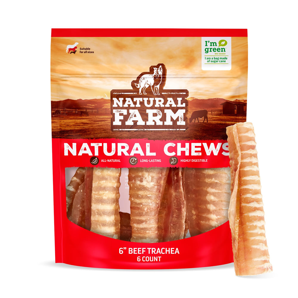 Traquea de res Natural Farm frente al empaque, opción natural para premiar a tu perro