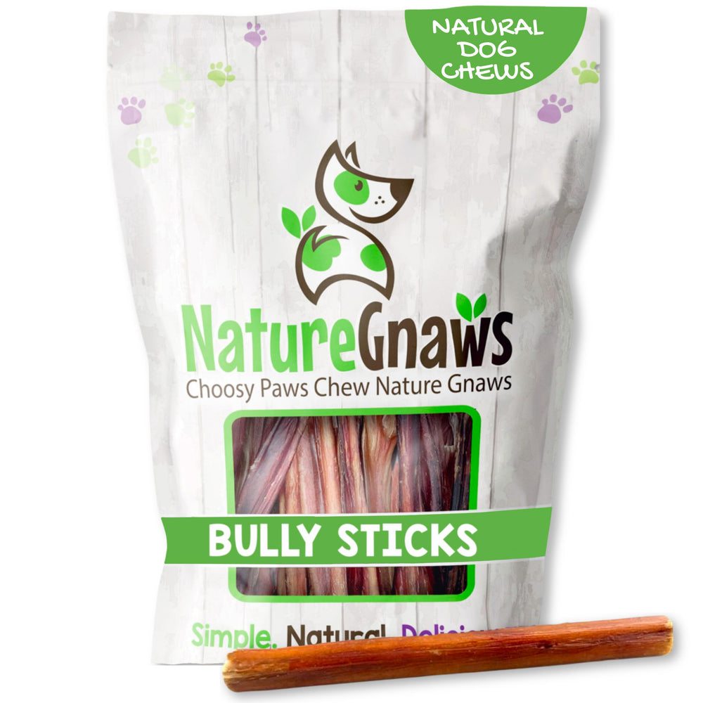 Nature Gnaws palitos bully para perros, masticación de larga duración y sabor natural.