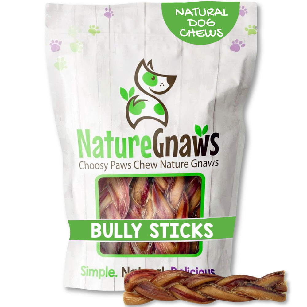 Nature Gnaws palitos trenzados de res para perro, 5-6 pulgadas, masticación duradera.