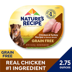 Nature's Recipe alimento húmedo para perros, copa 12, pollo-turquia en caldo nutritivo para adultos.