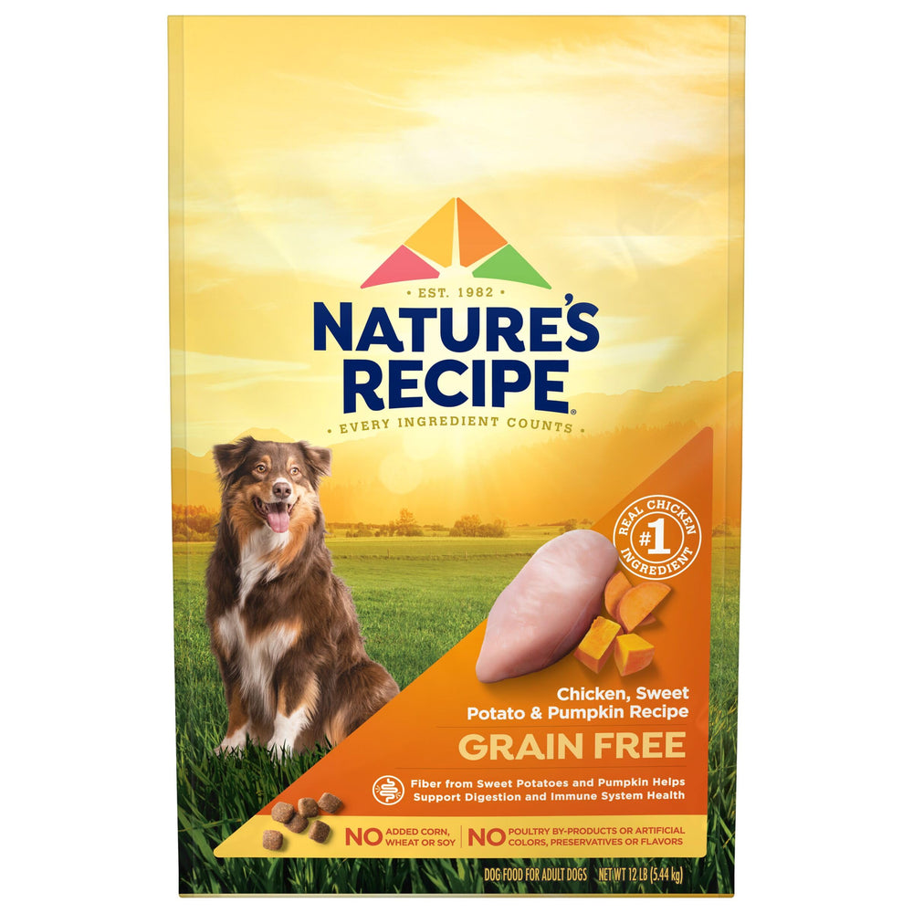 Nature's Recipe alimento seco para perros sin grano con pollo, proteína principal.