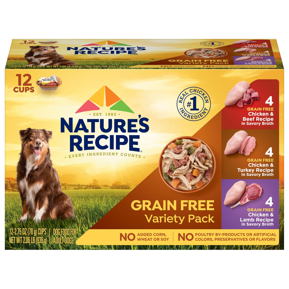 Nature's Recipe sin-granos pollo y res, porciones listas para alimentar al perro.