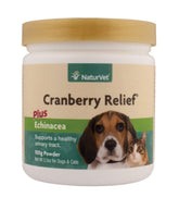 NaturVet Cranberry Relief, frasco de 100 g para tracto urinario saludable.