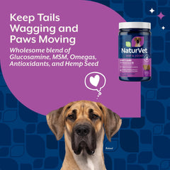 NaturVet Salud articular con cáñamo: ingredientes clave como cáñamo y glucosamina para articulaciones.