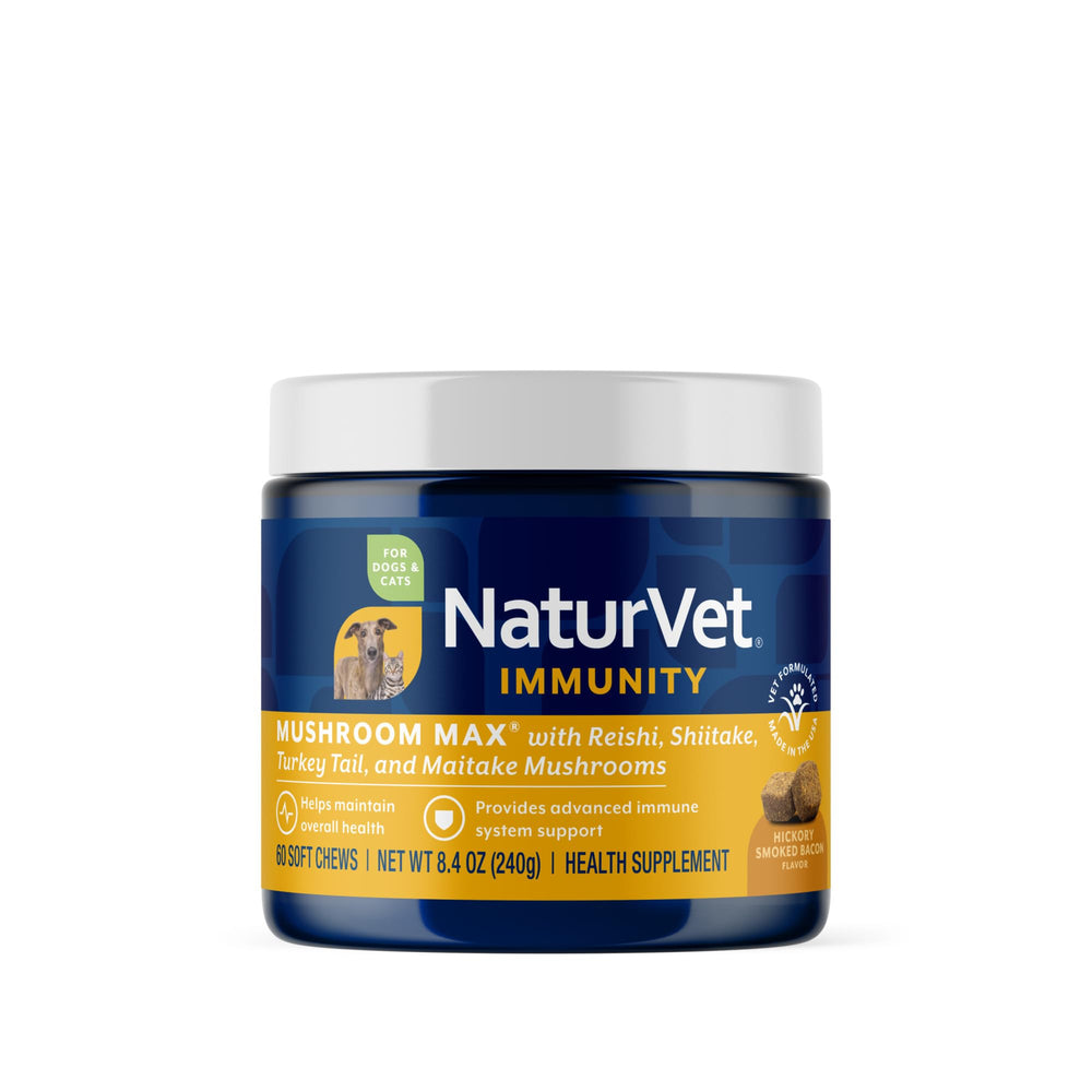 NaturVet Mushroom Max, botella frontal, apoyo inmunológico para perros activos.