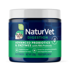 NaturVet PB6 probióticos en polvo en botella para equilibrio digestivo.