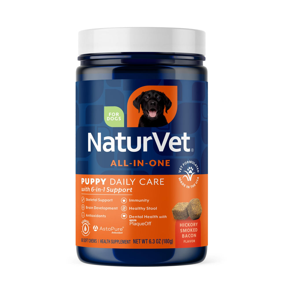 NaturVet todo-en-uno cachorros tarro: suplemento diario para apoyo óseo y digestivo.