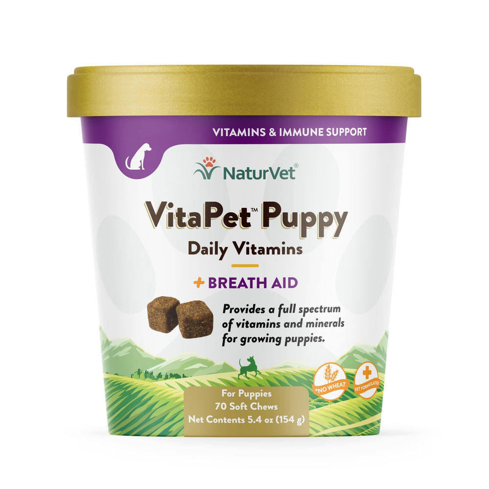 NaturVet VitaPet cachorros: botella visible para la suplementación diaria.