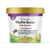 NaturVet VitaPet Senior para gatos: botella visible, apoyo diario a la salud felina.