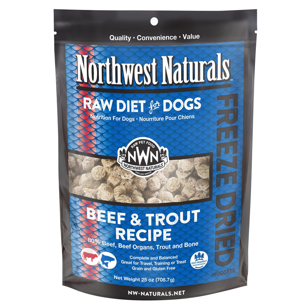 Northwest Naturals Bocados deshidratados de res y trucha, ideales para entrenamiento y recompensa.