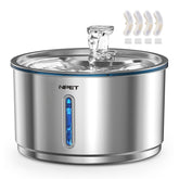 NPET fuente de agua para mascotas en acero inoxidable, capacidad de 1 galón para beber sin recargas frecuentes.