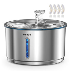 NPET fuente de agua para mascotas en acero inoxidable, capacidad de 1 galón para beber sin recargas frecuentes.