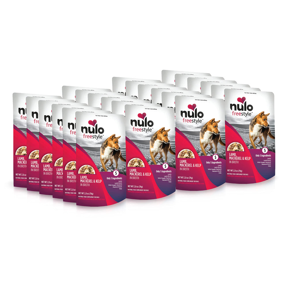 Nulo Freestyle cordero caballa algas en caldo, proteína real para perros activos.