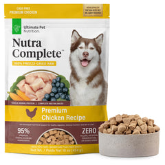 Nutra Complete pollo seco congelado para perros, proteína fácilmente digerible.