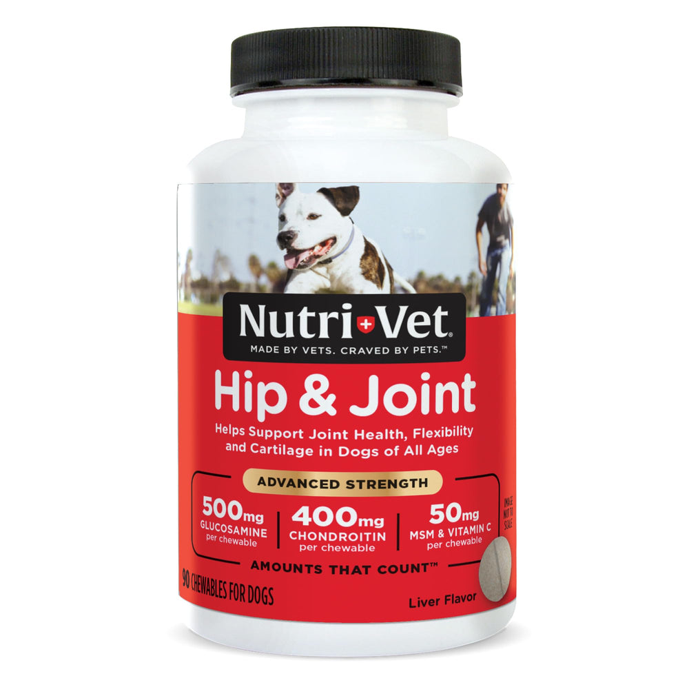 Nutri-Vet Hip & Joint avanzada: botella de comprimidos sabor hígado para movilidad diaria.