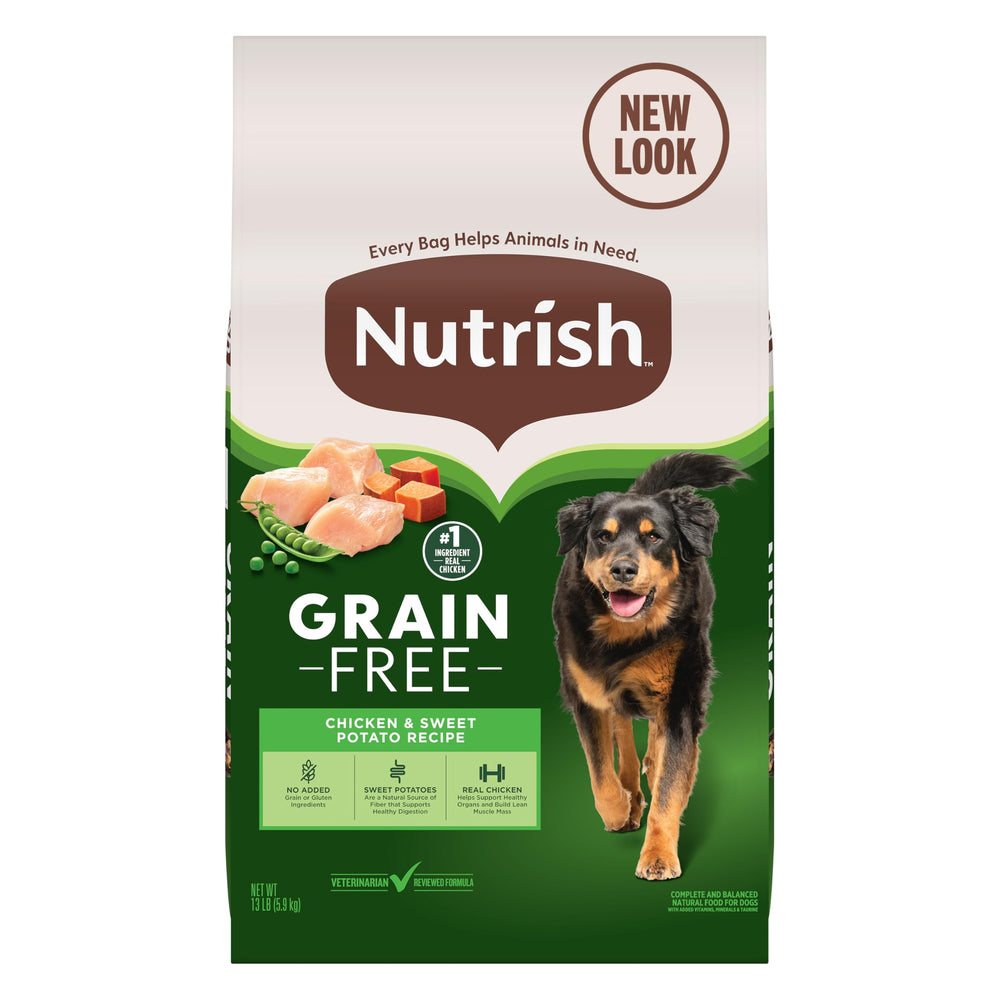 Nutrish bolsa 13 lb sin granos con pollo y patata dulce, ideal para perros activos.