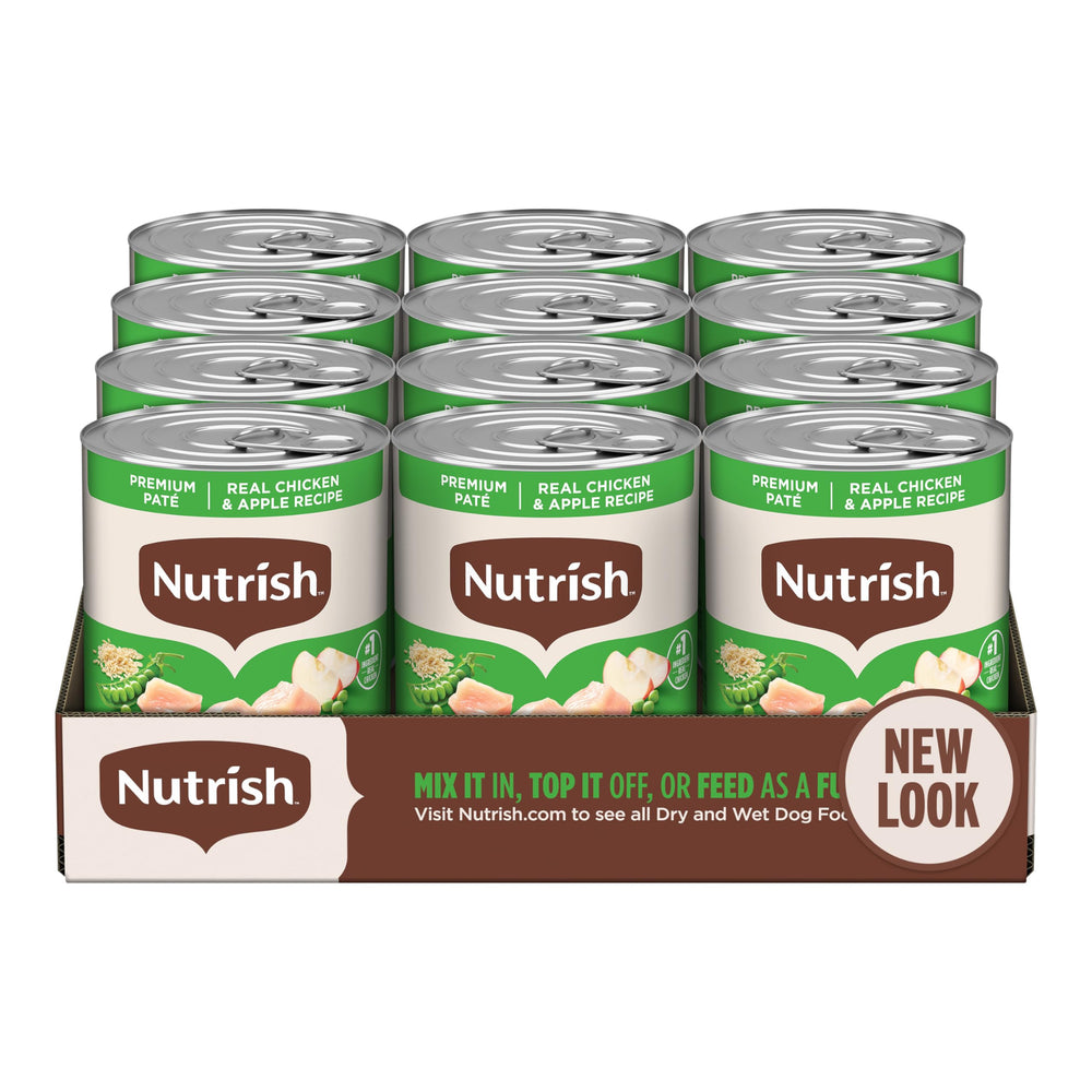 nutrish premium pate en lata con pollo y manzanas, ingrediente principal de calidad para perros.