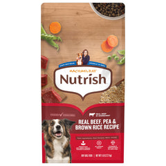 Nutrish Rachael Ray para perros adultos con carne real en el tazón, sabor sabroso.