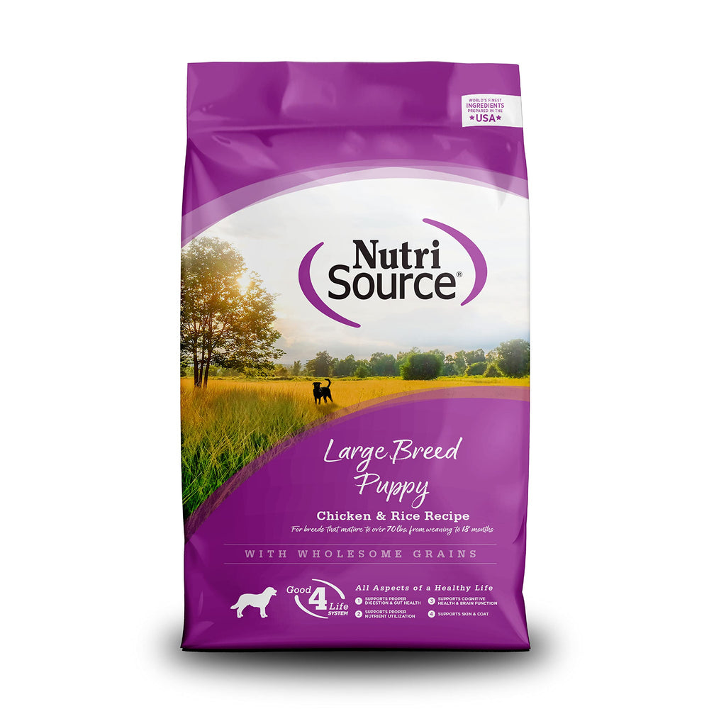 NutriSource cachorros de raza grande con bolsa 1,5 lb, posible apoyo al crecimiento.