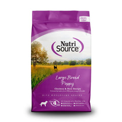 NutriSource cachorros razas grandes pollo-arroz en cuenco para crecimiento saludable.