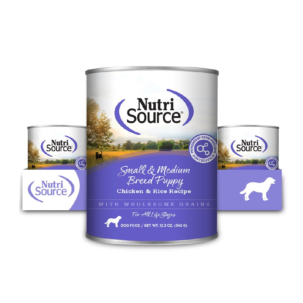 NutriSource lata para cachorro con pollo y arroz; favorece digestión y desarrollo.