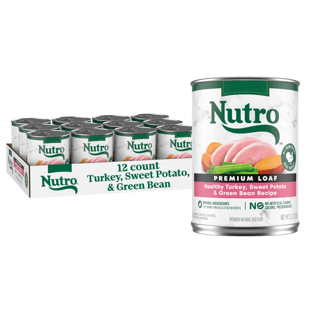 Nutro Premium Loaf en lata de pavo para perros adultos, digestión suave.
