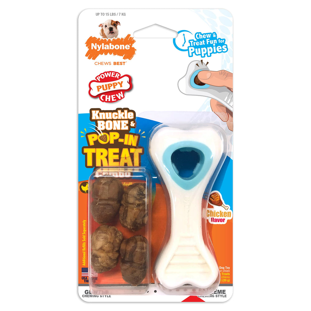 Nylabone Knuckle Pop-In: juguete premio para cachorros que mantiene entretenidos y promueve masticación segura.