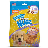 Nylabone Nubz para cachorros con sabor pavo y batata, fomenta masticación prolongada.