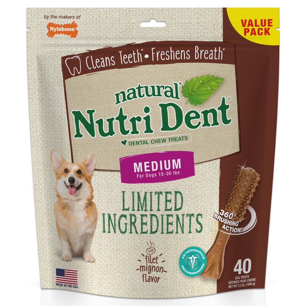 Nylabone Nutri Dent masticables dentales, empaque visible para perro, limpieza dental.