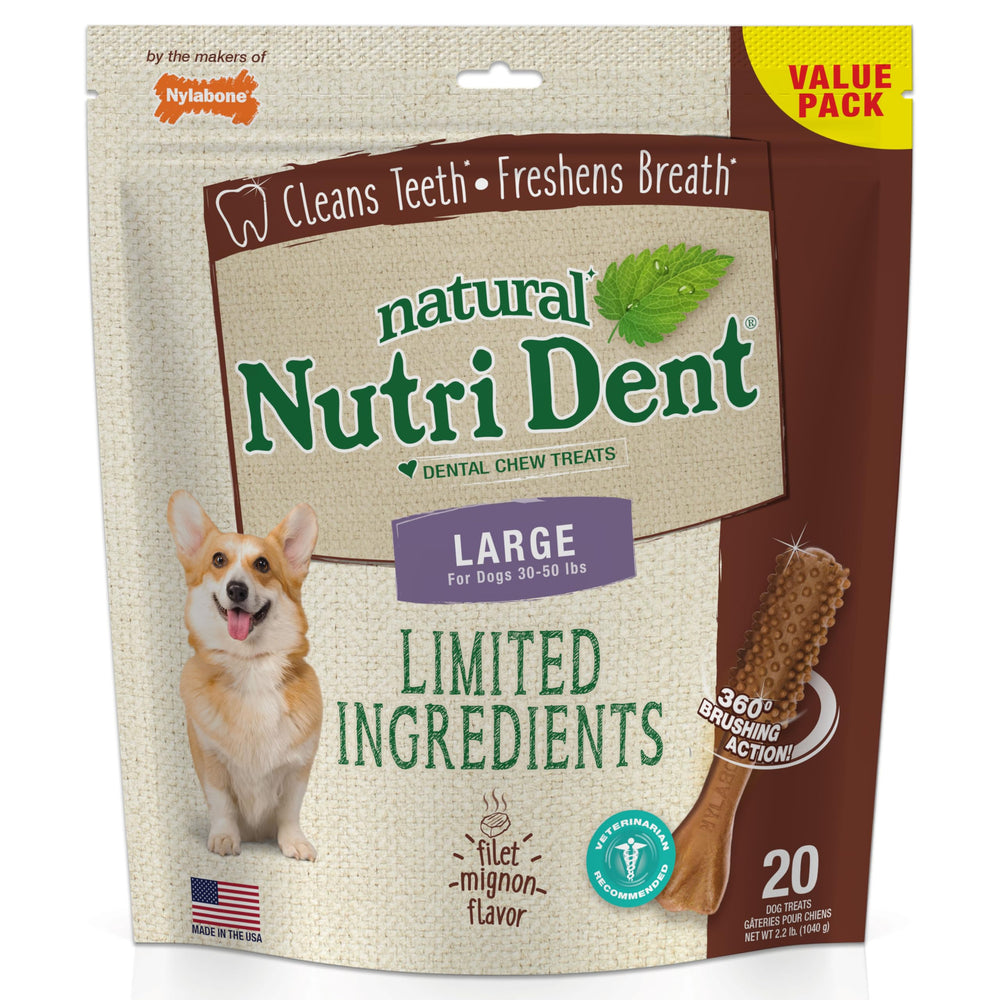 Nylabone Nutri Dent: perro masticando, protuberancias de limpieza 360 grados
