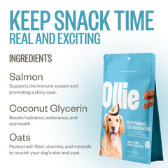 Envase abierto de Ollie salmón coco jerky, premio saludable para perros