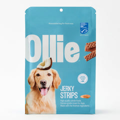 Ollie salmón y coco jerky en envase cerrado, snack natural para perros