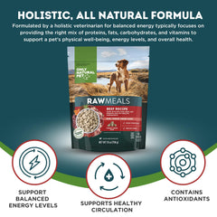 Only Natural Pet RawMeals Beef Recipe, frutas y verduras, nutrición balanceada para energía.