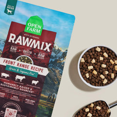 Open Farm Front Range etiqueta clara, receta enfocada en proteína para perros activos.