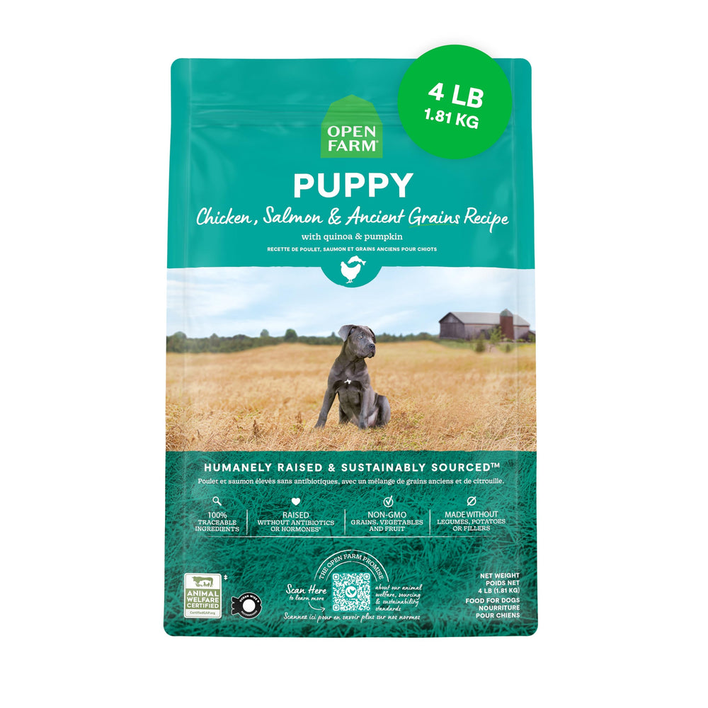 Open Farm granos antiguos para cachorro en bolsa, nutrición equilibrada para cachorros activos.