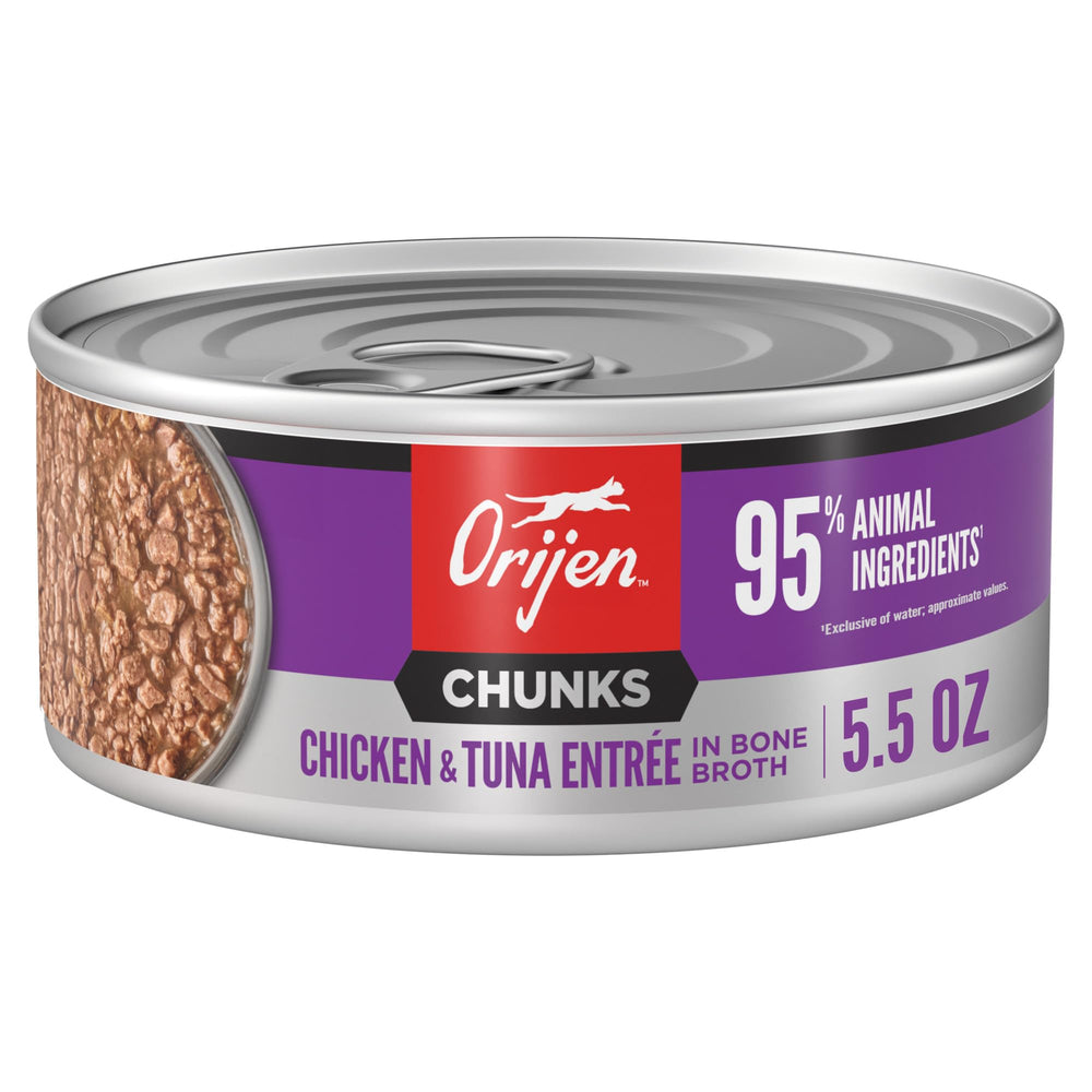 ORIJEN Chunks Shreds lata con pollo y atún para gatitos, sabor que estimula el apetito