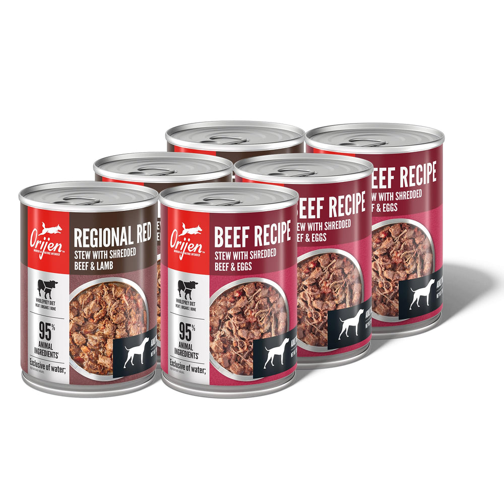 ORIJEN hebras de carne real en estofado Regional Rojo, textura jugosa.
