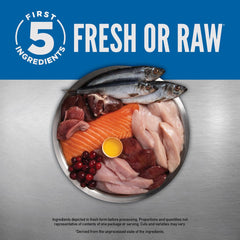 ORIJEN primeros ingredientes: pollo, pavo y salmón, para alto aporte proteico.