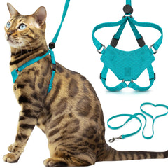 Arnés Houdini de OutdoorBengal para gato turquesa, paseo seguro y cómodo.