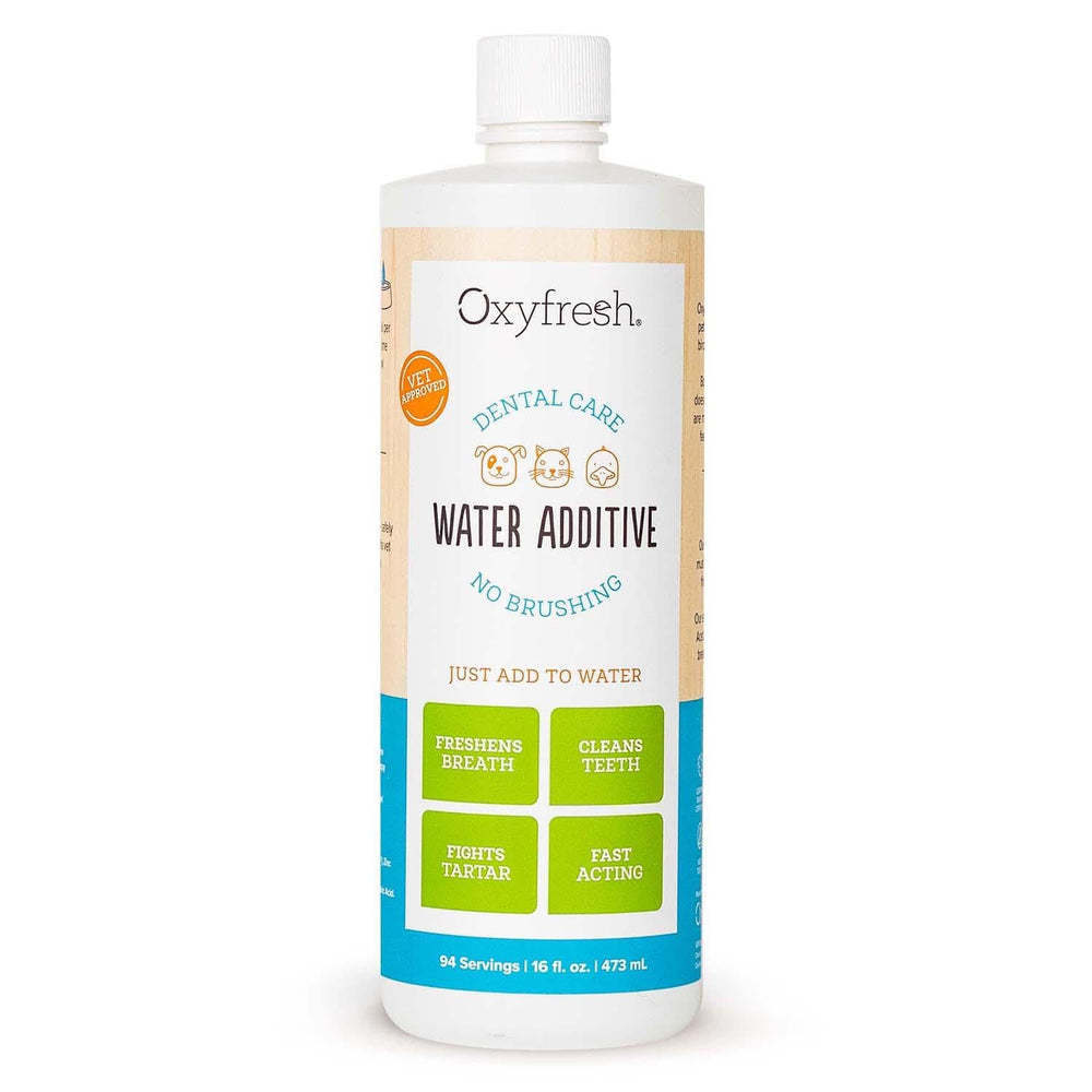 Oxyfresh cuidado dental para mascotas, dosis en agua para soporte diario.
