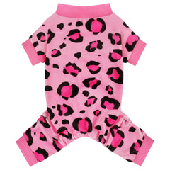 Pijama Paiaite para perro con ajuste universal y patrón rosa leopardo.