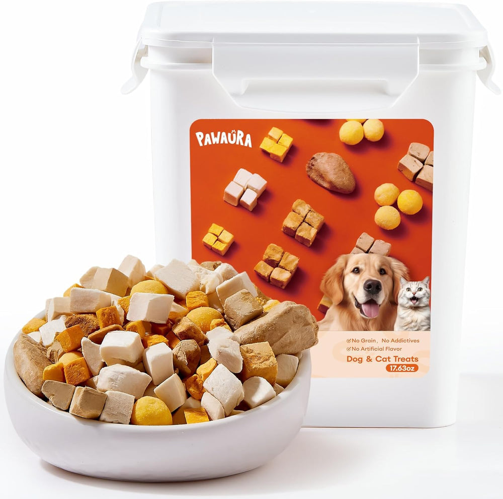 Pawaura snacks frios deshidratados para gatos y perros, crujientes y nutritivos.