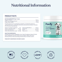 Pawfy Probióticos, sabor a pollo, apoyo nutricional diario.