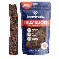 Pawstruck Bully Slices palitos de rawhide sabor carne para masticación prolongada.