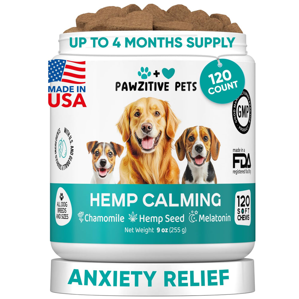 Pawzitive Pets Calming Chews: bote práctico para uso diario y en viajes.