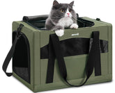 Pecute transportín gato estable con marco de acero verde, diseño seguro para viajes en coche.